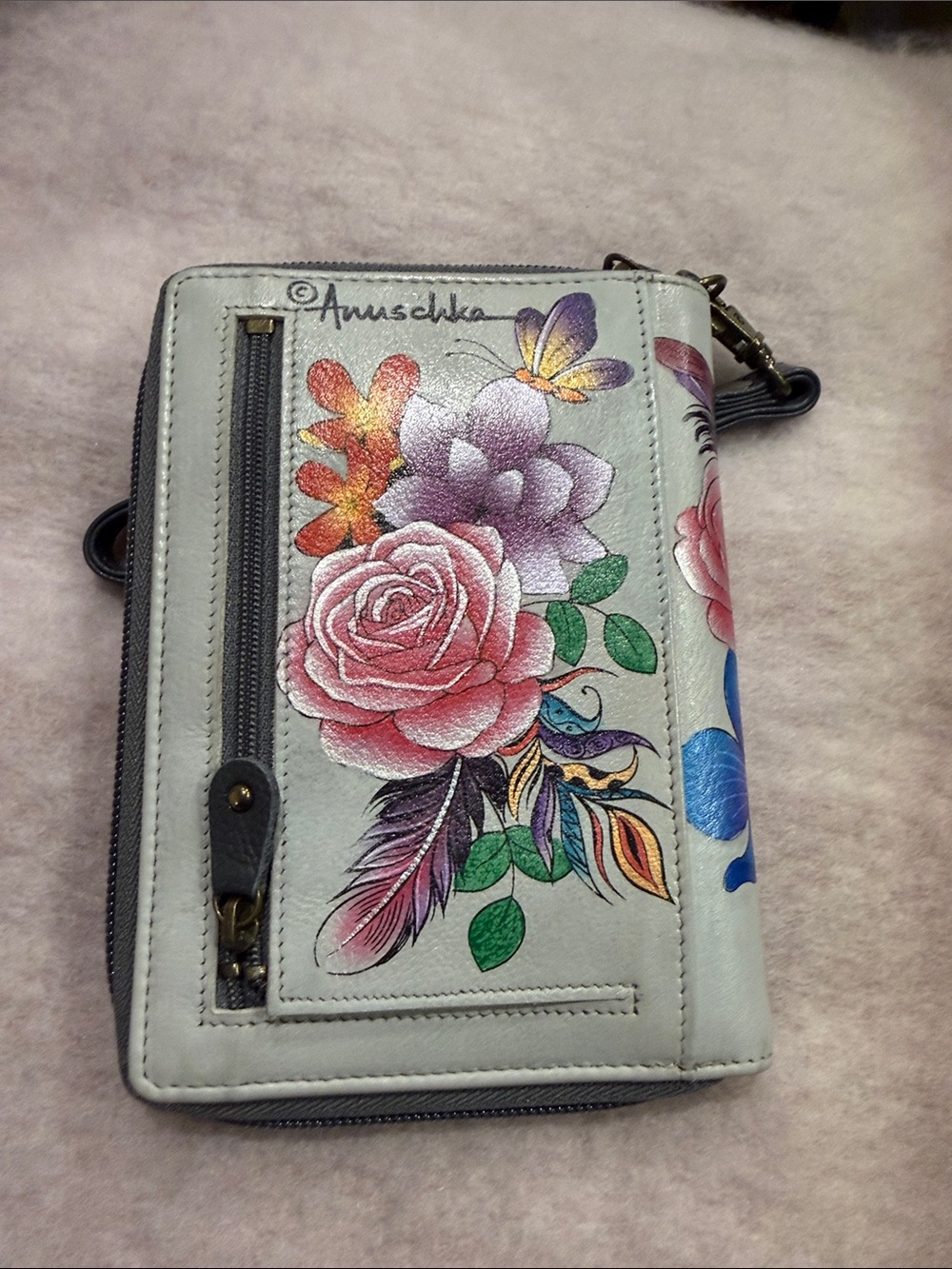 Anuschka Hand-Painted Lion Floral Wristlet in Blue, Pink, Orange, Green, Cream - Picture 3 of 7